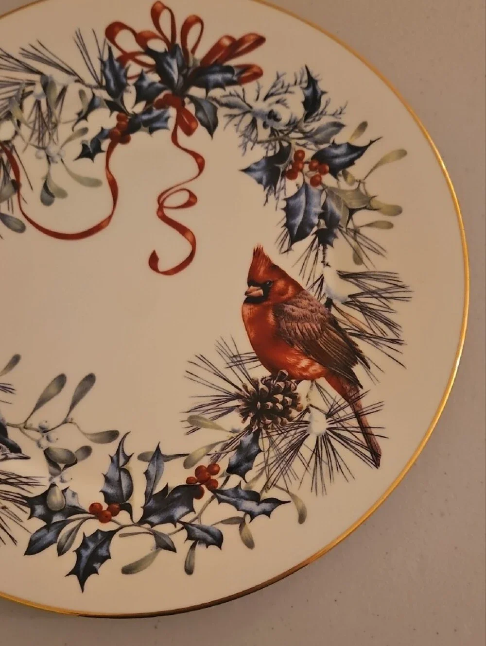 Lenox Holiday Plate with Blue Wreath and Red Cardinal